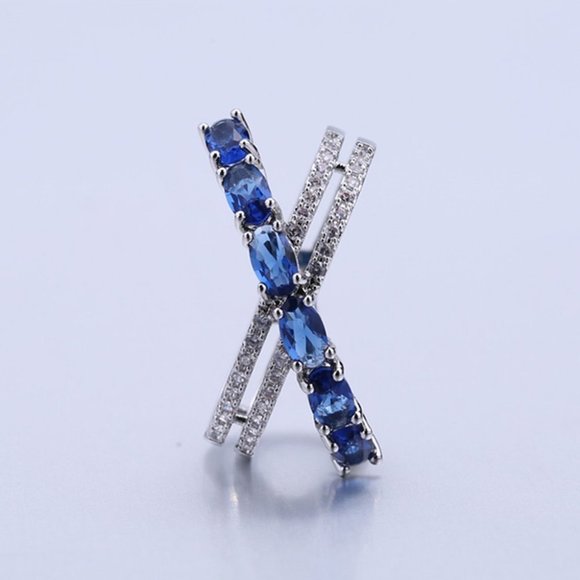 🎀 Oval Royal Blue Anillos Unique Three Lines Silver Ring for Women, VIP272 - Picture 3 of 7